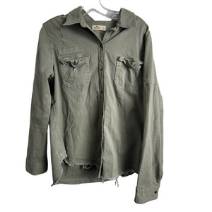 Hollister Women's Size Large Green Distressed Long Sleeve‎ Button Front Shirt